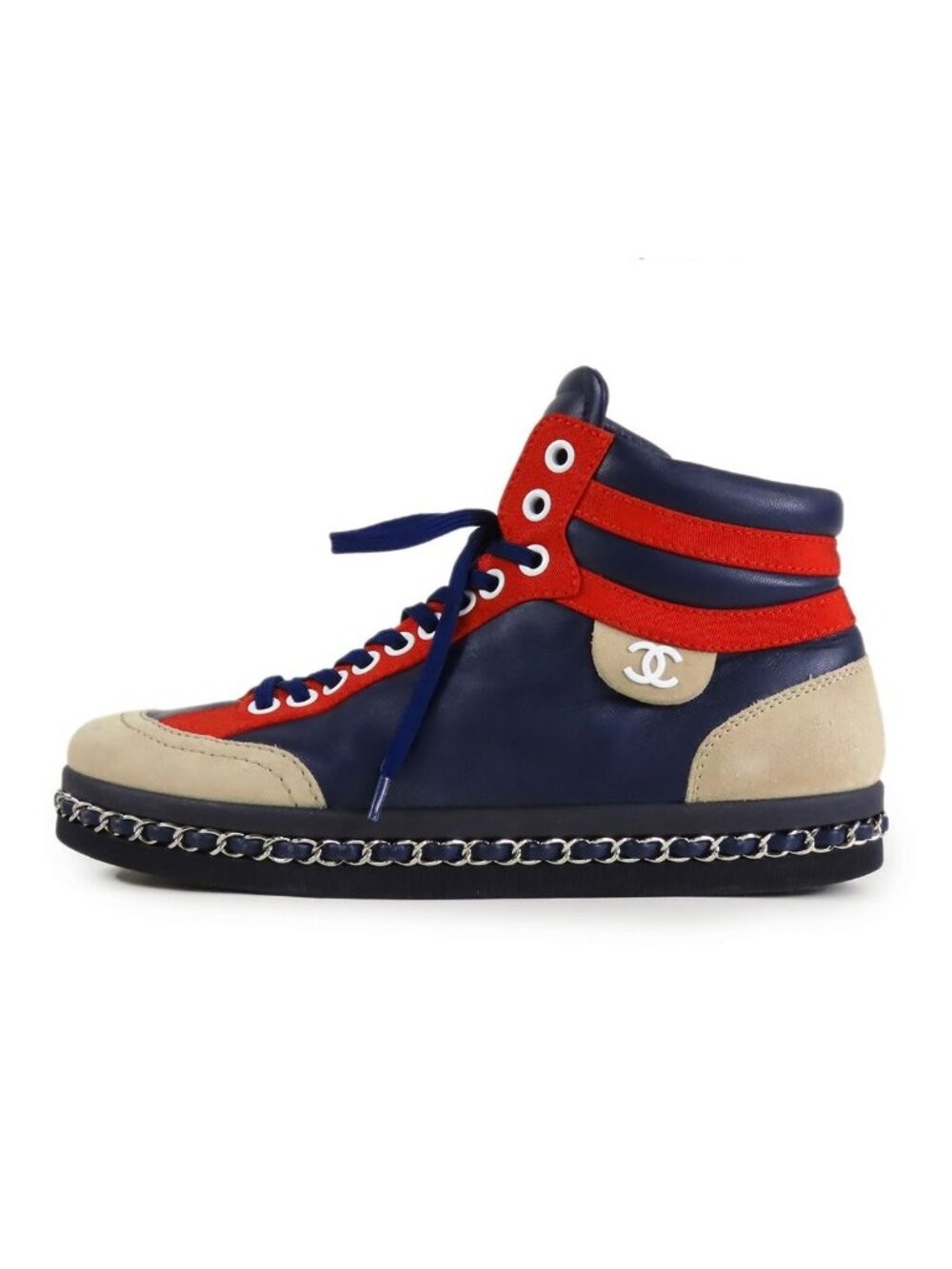 Chanel Leather High Top Sneakers Navy Red Beige Chain CC Logo Shoes